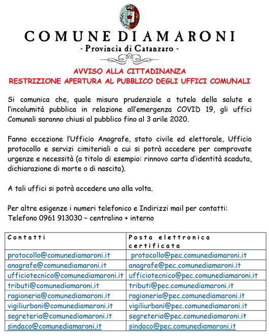 Avviso chiusura al pubblico Uffici Comunali